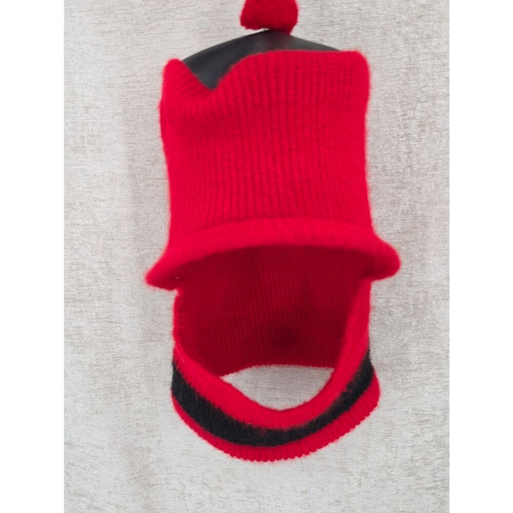 Vintage Red Knit Pom Pom Hat with Black Stripe 60s 70s Infant or Toddler